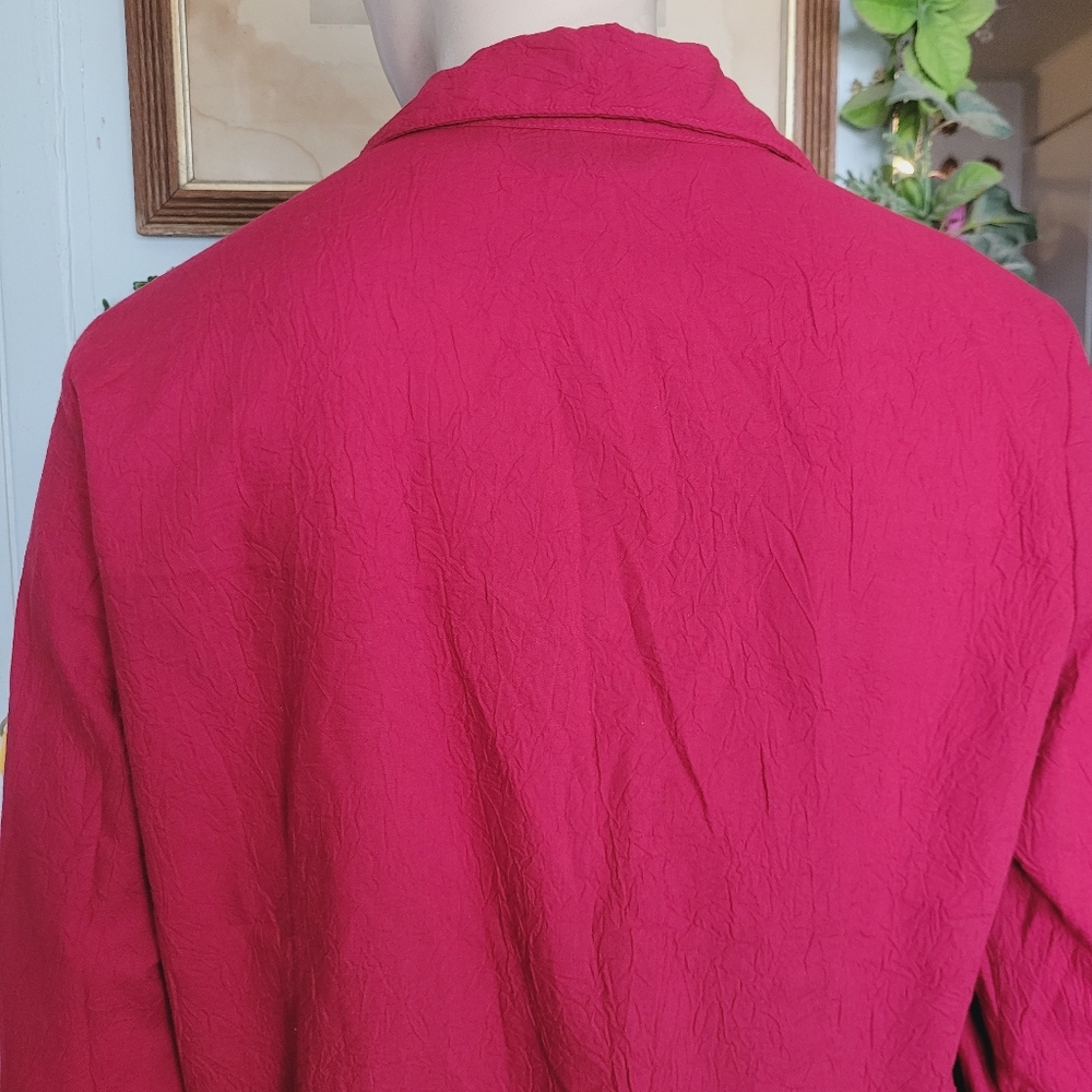 90s Y2K Point Zero Floral Applique Beaded Blouse Red Crinkle Large - Picture 11 of 14